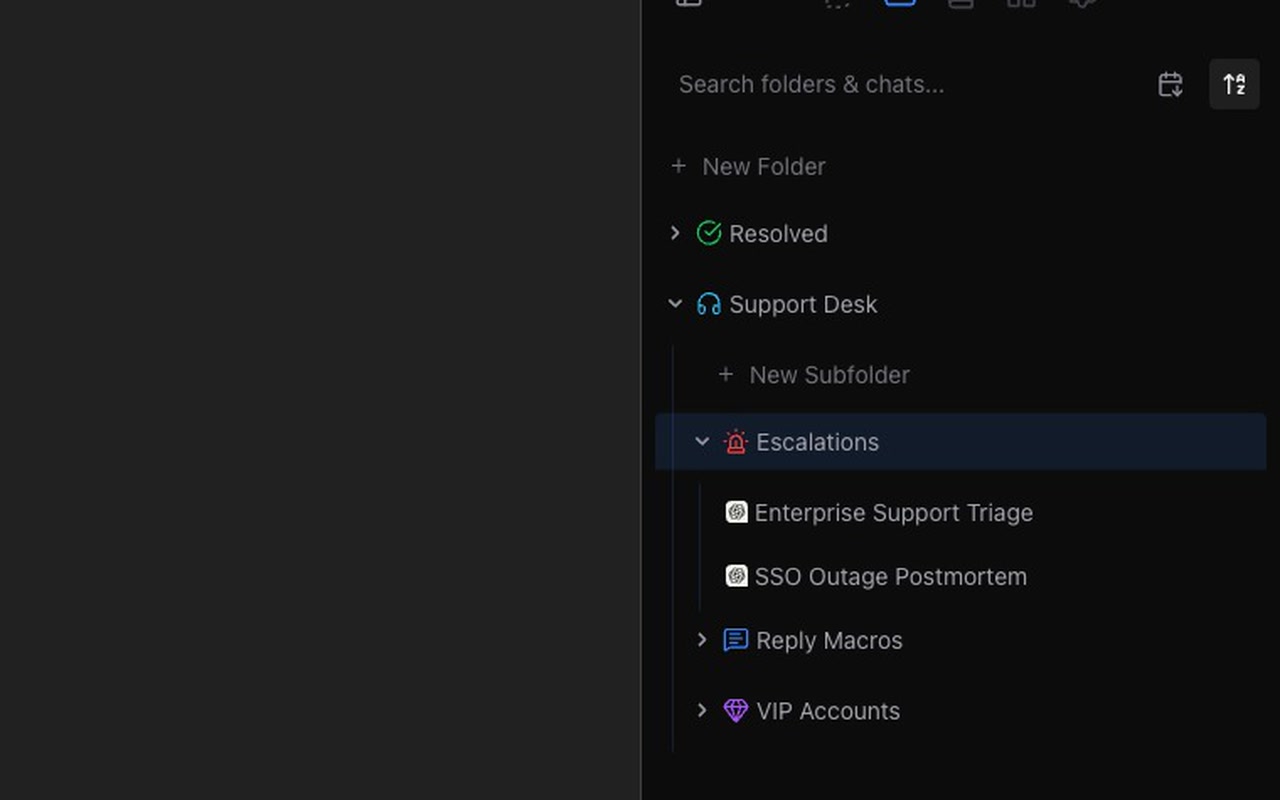 EzFind folder drawer showing nested folders and saved AI chats